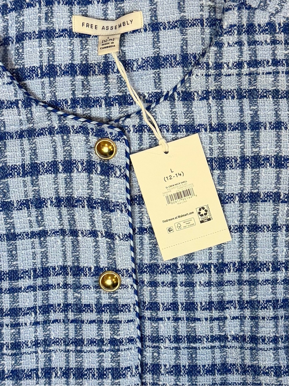 Free Assembly Blue Tweed Vest NWT Size Large | Sleeveless | Preppy | Chic | Gold - Picture 7 of 9